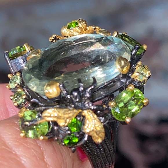 Intricate Genuine Green Amethyst Ring with Gems - Picture 10 of 17